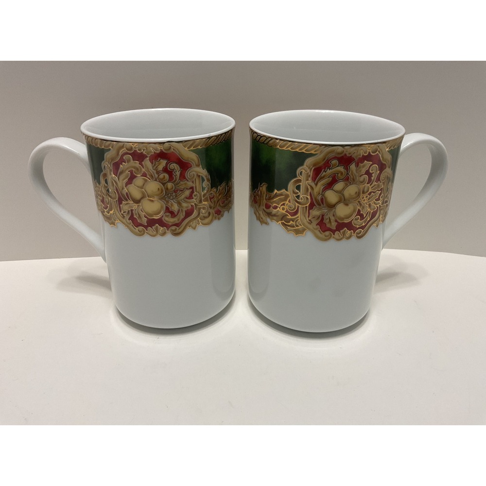 American Atelier Noel Christmas Mugs Set of 2 Red Green Gold 3399 Holiday Coffee